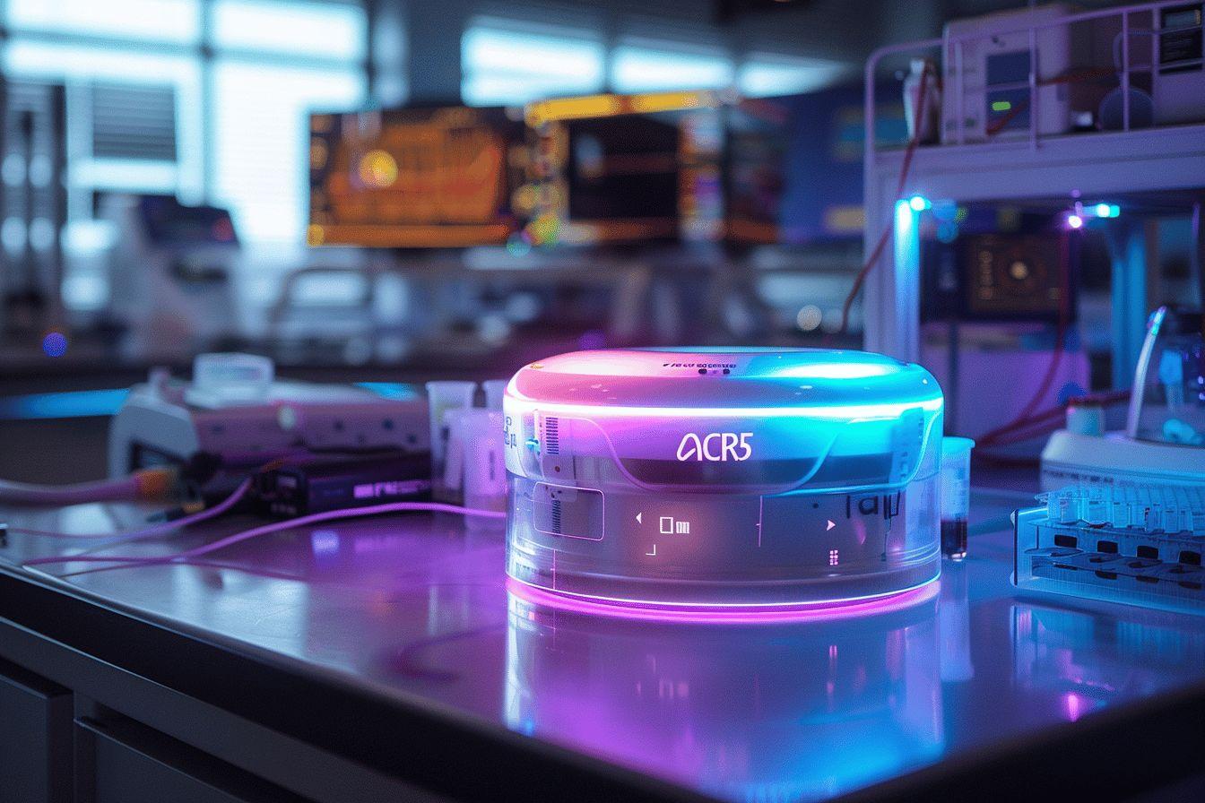 Appareil électronique coloré dans un espace de travail sombre et lumineux.