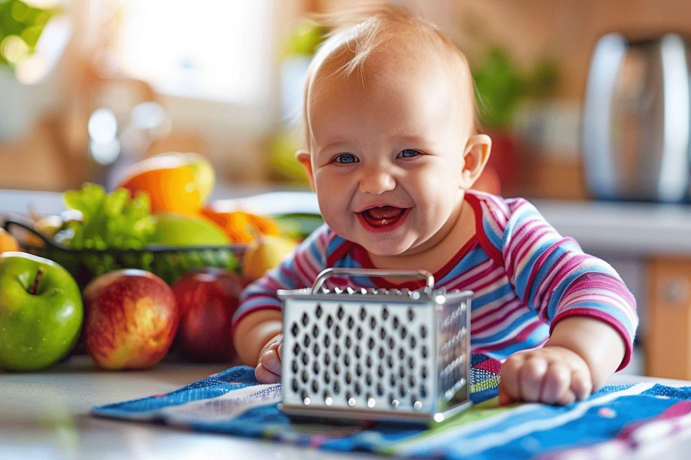 Bébé souriant jouant avec un râpe sur une table avec des fruits frais