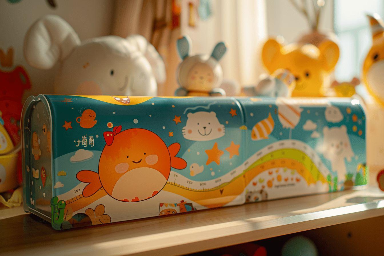 Une boîte de jouets colorés et amusants sur une étagère.