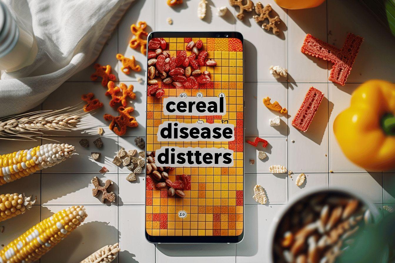 Image montrant des céréales, des pains et d'autres aliments avec le texte 'Cereal disease distters' affiché sur un smartphone.