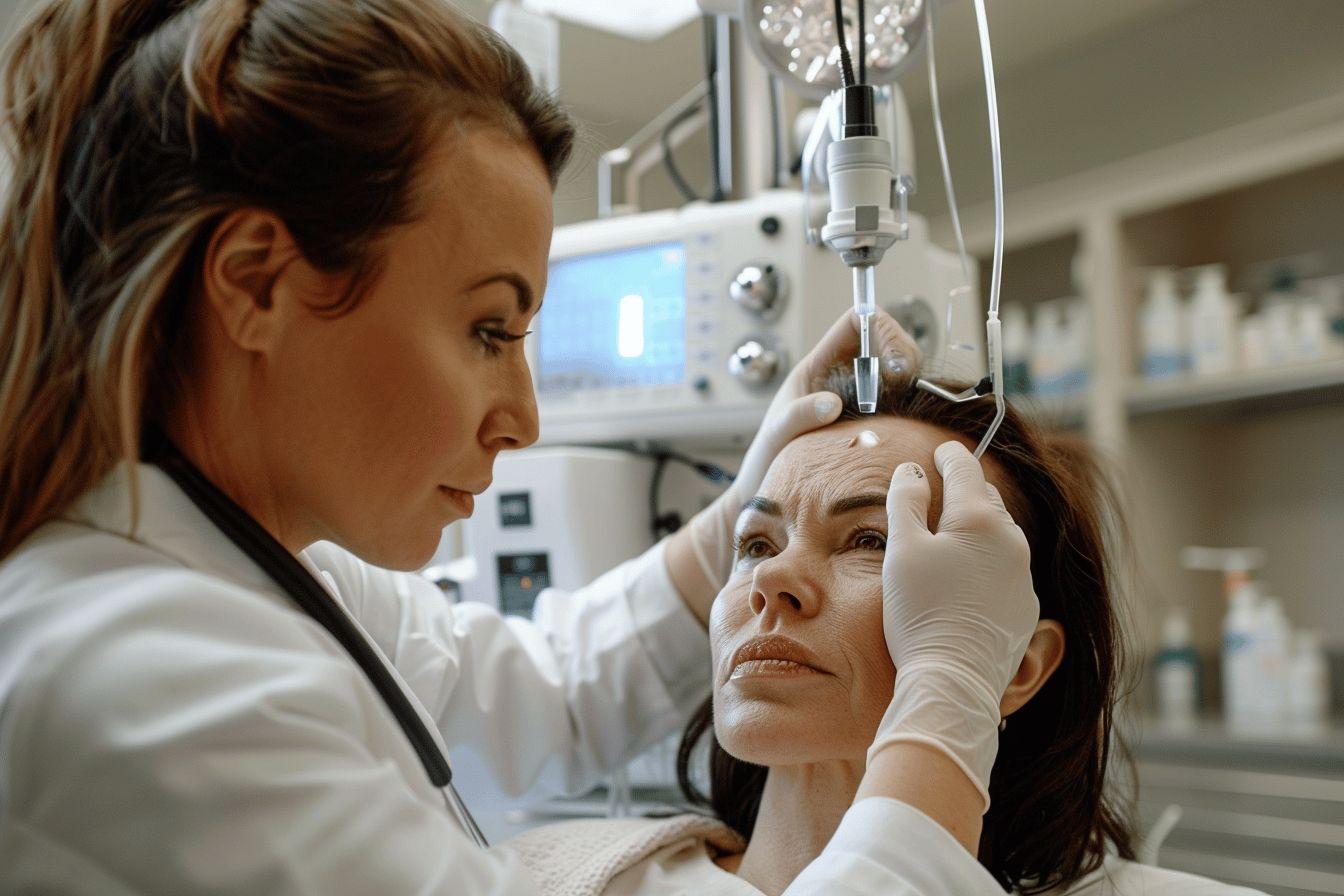 Une femme médecin examine attentivement une patiente âgée dans une salle d'examen.