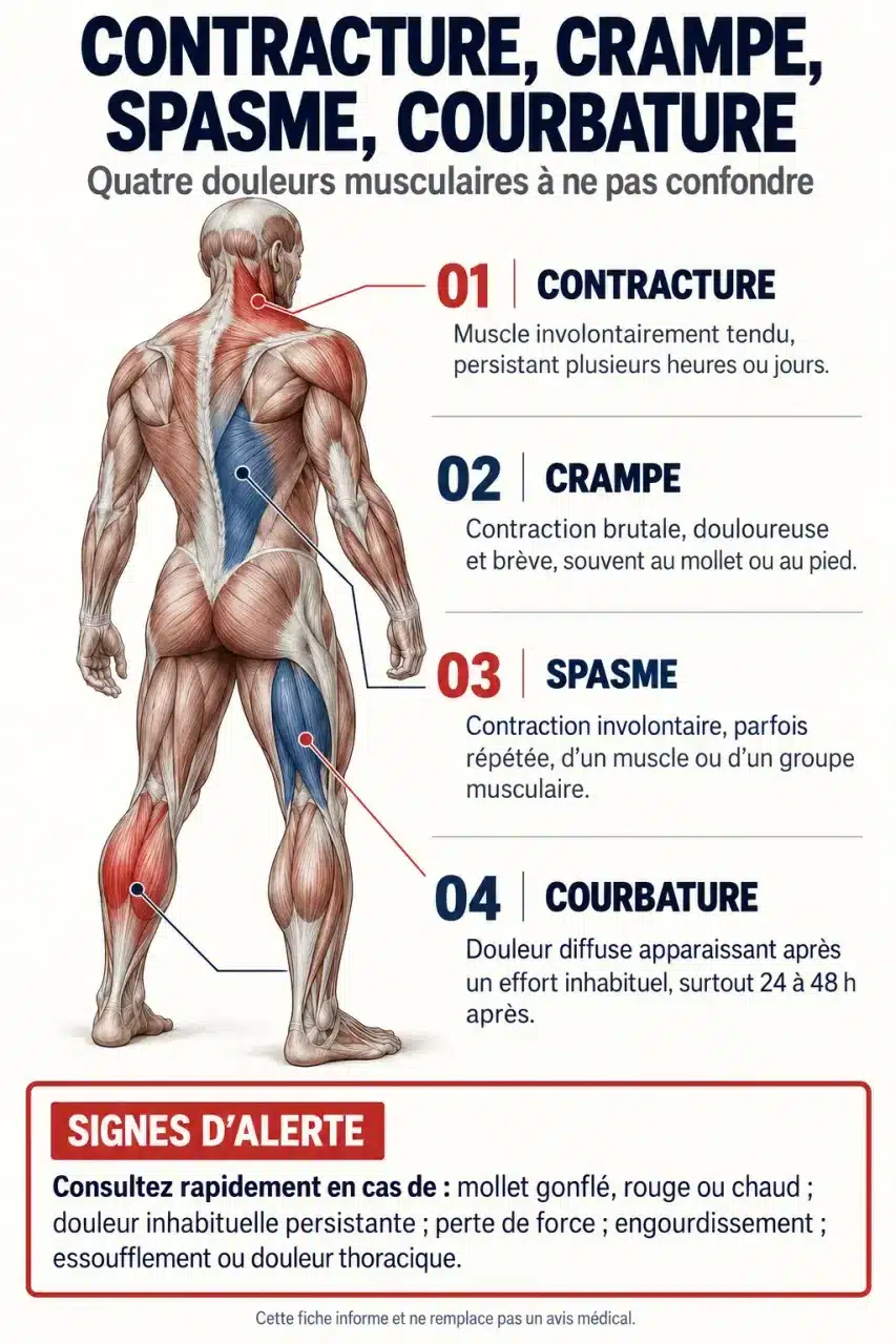Infographie sur l’homéopathie décontractant musculaire et les différences entre contracture, crampe, spasme et courbature