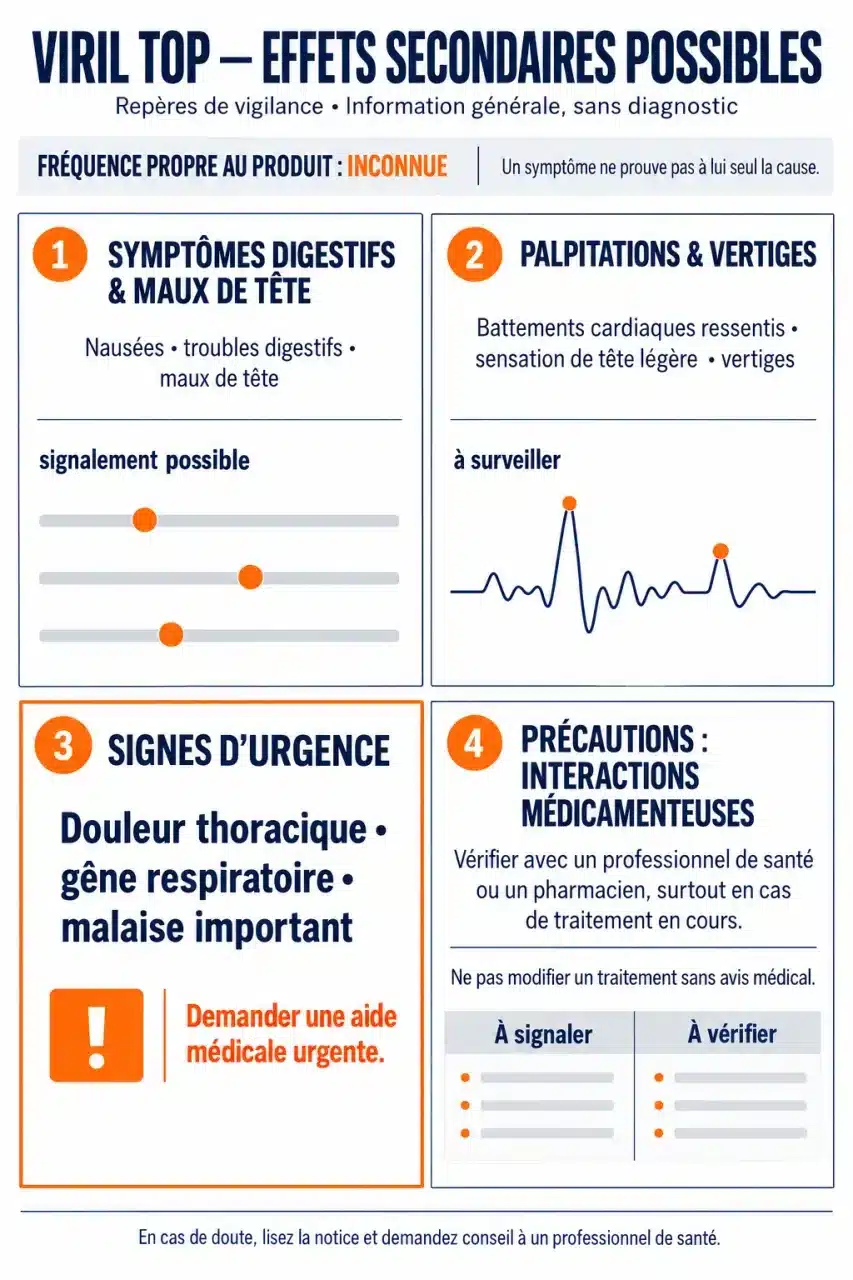 Infographie sur les effets secondaires de Viril Top, les symptômes à surveiller et les signes d'urgence