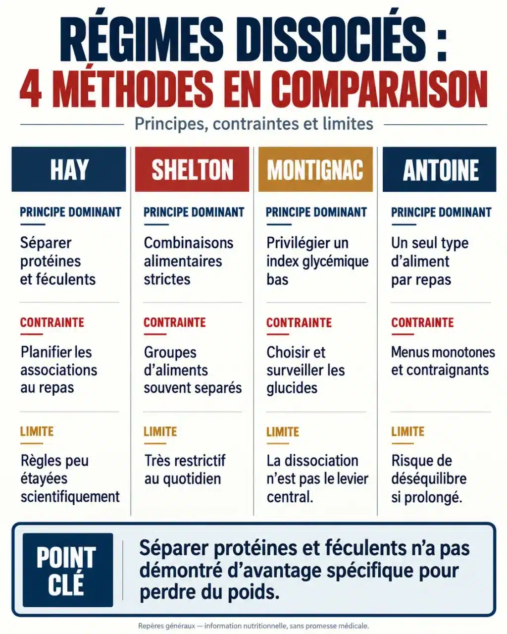 Infographie comparative des régimes dissociés Hay, Shelton, Montignac et Antoine