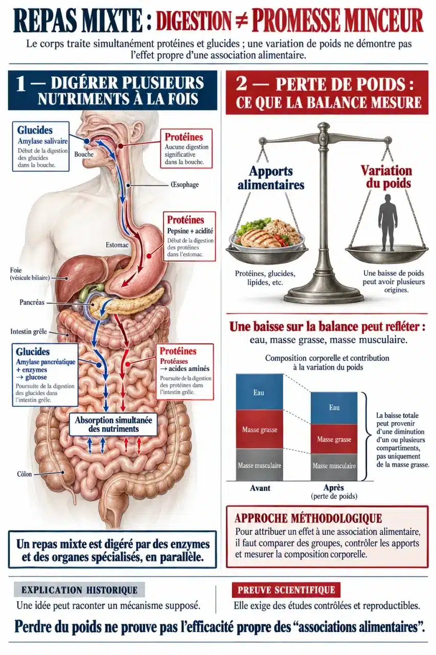 Schéma scientifique sur la digestion et la perte de poids avec les régimes dissociés