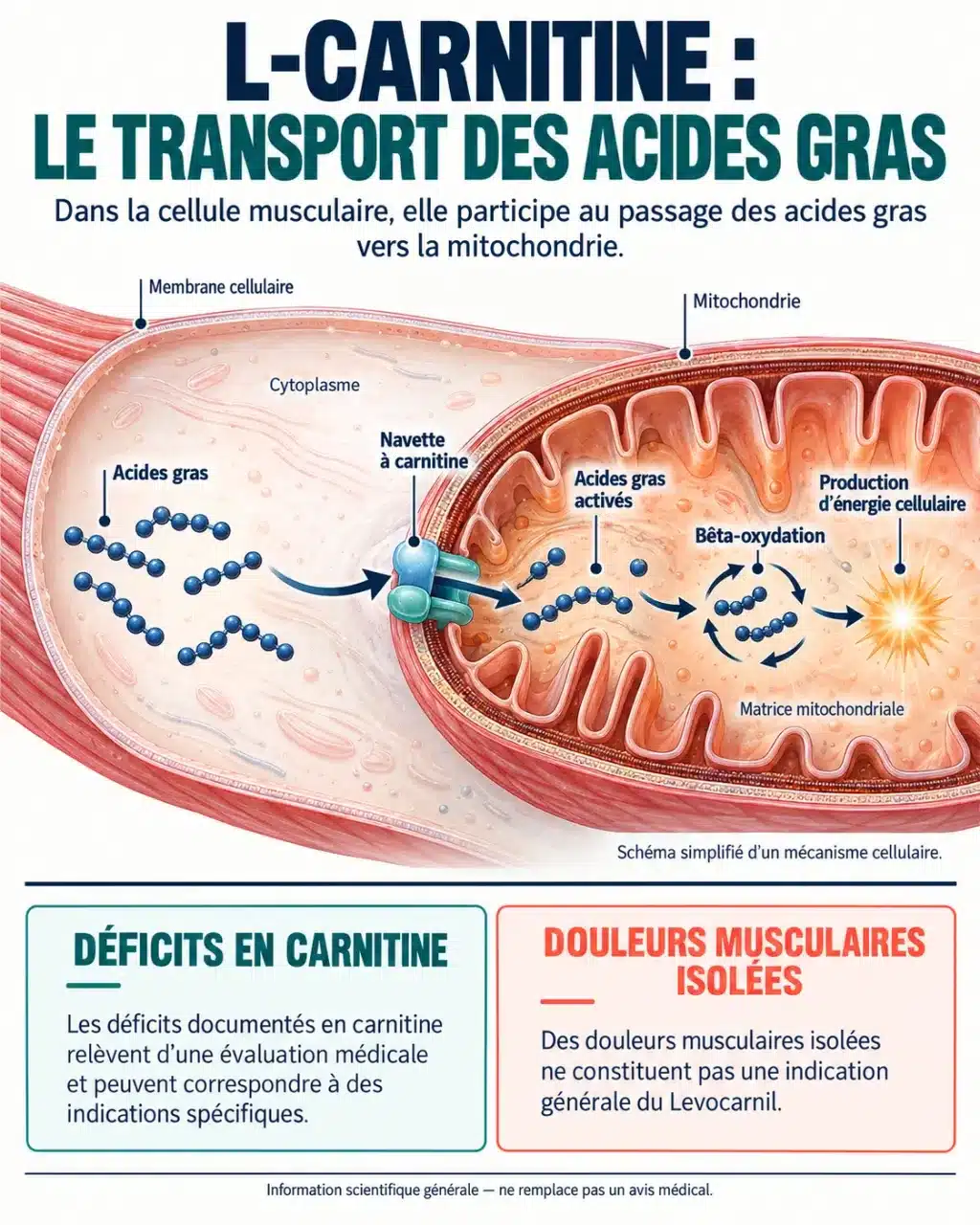 Infographie sur le Levocarnil et les douleurs musculaires : rôle de la L-carnitine et distinction entre déficit en carnitine et douleur isolée