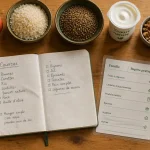 Liste d aliments : 7 familles pour trier et cuisiner, table avec aliments et carnet de courses