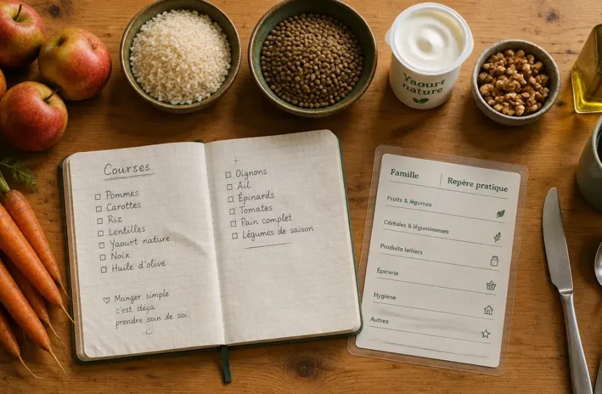 Liste d aliments : 7 familles pour trier et cuisiner, table avec aliments et carnet de courses