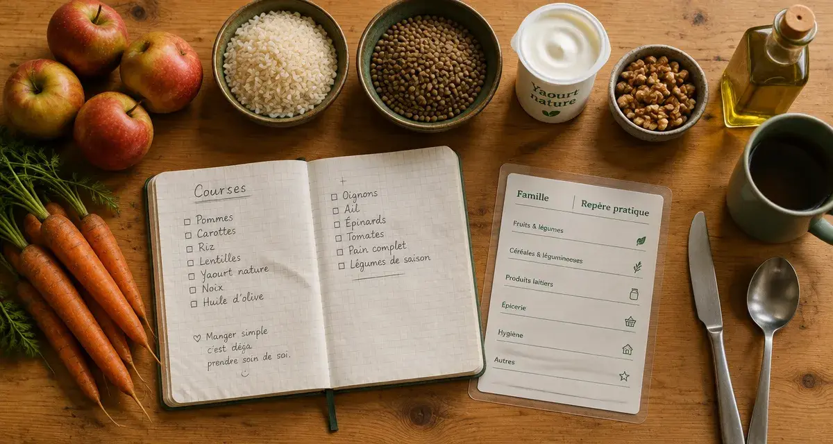 Liste d aliments : 7 familles pour trier et cuisiner, table avec aliments et carnet de courses