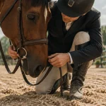 Sport equitation : cavalier ajuste le filet d’un cheval dans un manège