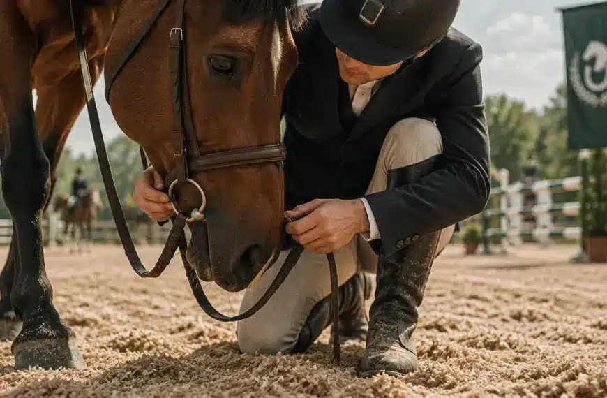 Sport equitation : cavalier ajuste le filet d’un cheval dans un manège